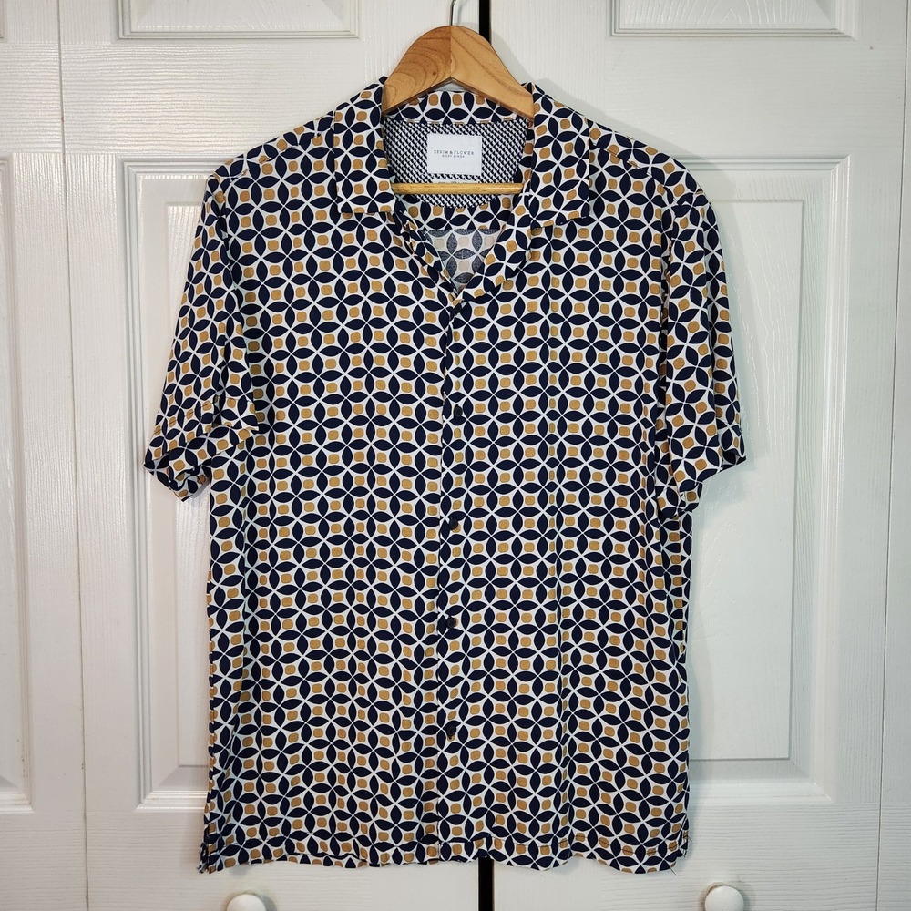 Denim & Flower Ricky Singh Large Navy Yellow Geometric Viscose Camp Shirt Artsy